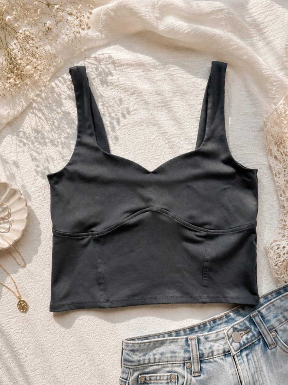 Abercrombie & Fitch Soft A&F Collection Black Sweetheart Neck Crop Tank Top, L